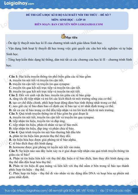 Đề thi giữa học kì 2 Sinh 10 Kết nối tri thức - Đề số 7
